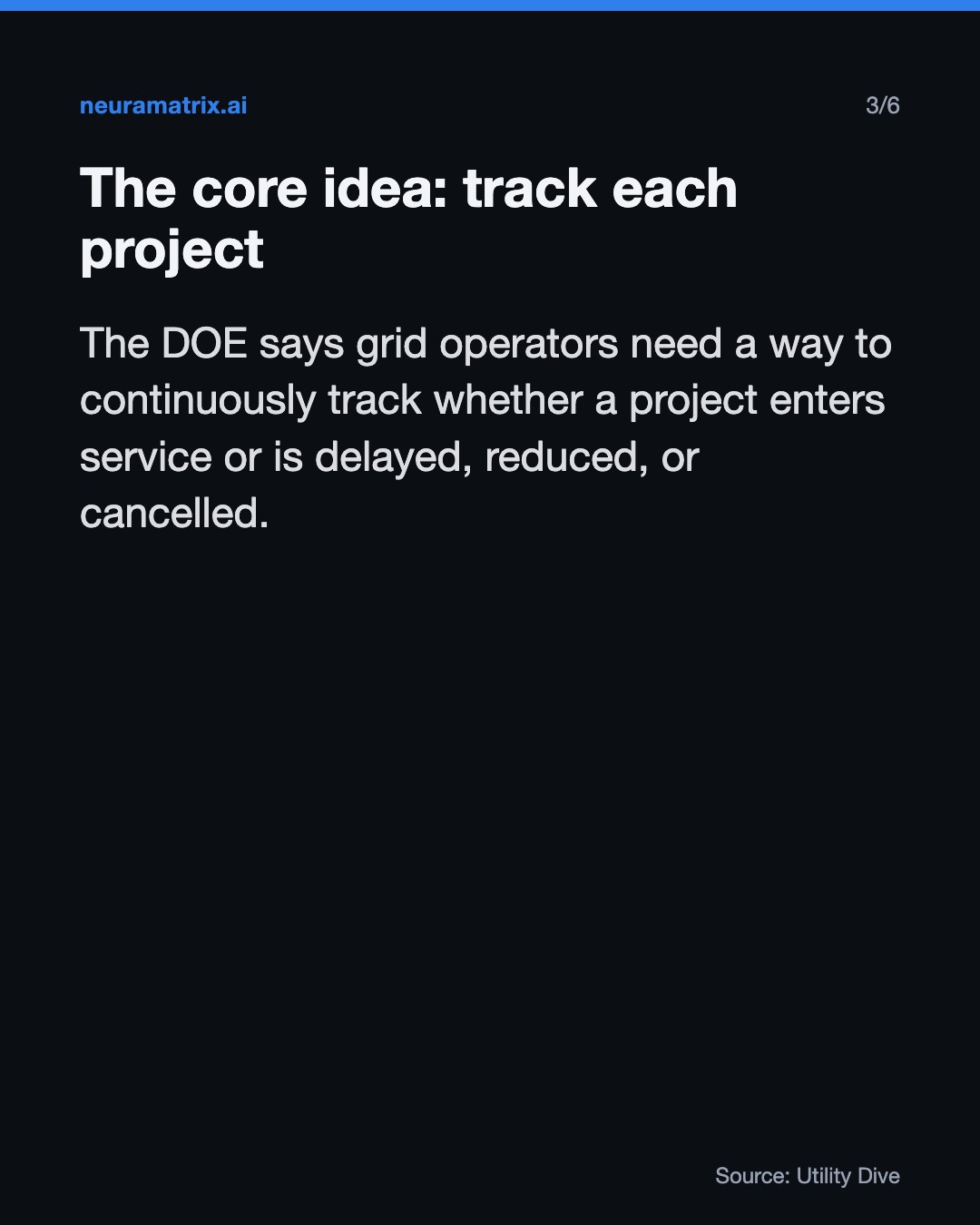 The core idea: track each project. The DOE says grid operators need a way to continuously track whether a project enters service or is delayed, reduced, or cancelled.
